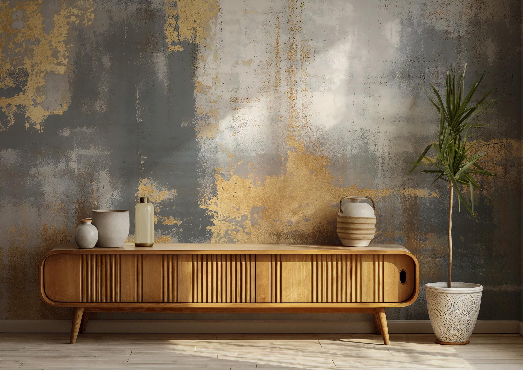 Abstract Gold & Gray Concrete Texture Wallpaper Mural: Metallic Accents