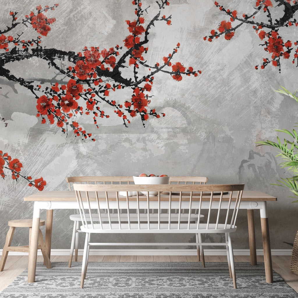 Red Floral Vines Wallpaper: Romantic Illustration, Peel & Stick Wall Mural - View 2