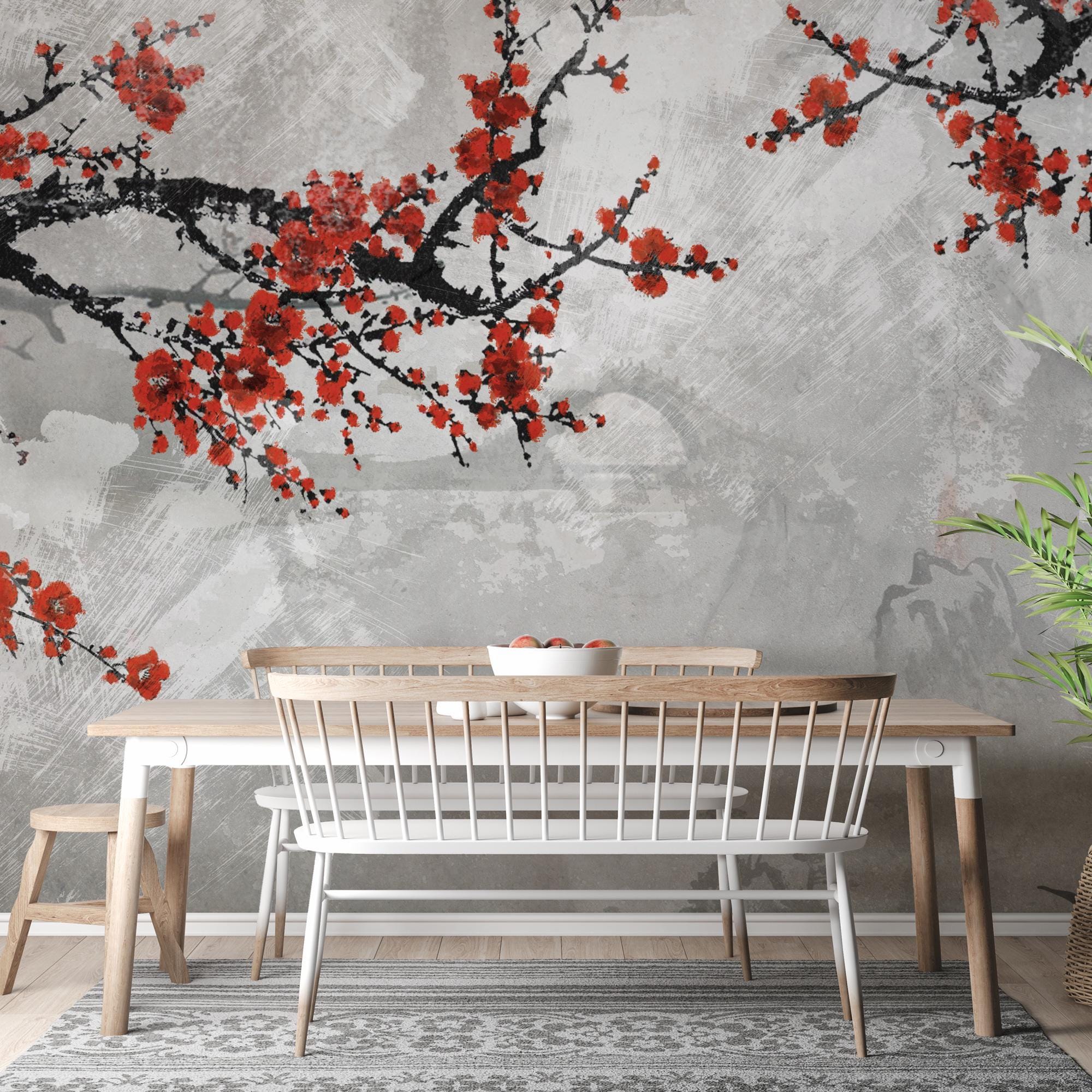 Red Floral Vines Wallpaper: Romantic Illustration, Peel & Stick Wall Mural - View 2