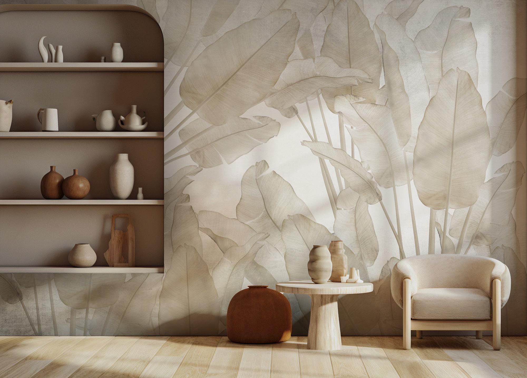 Big Tropical Leaf Wallpaper, Beige Floral Wall Mural, Peel & Stick - View 4