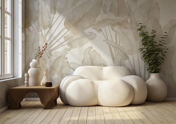 Big Tropical Leaf Wallpaper, Beige Floral Wall Mural, Peel & Stick
