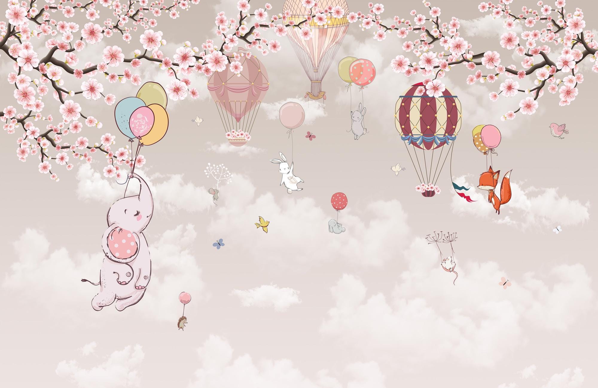 Cherry Blossom Nursery Wallpaper: Hot Air Balloon Animal Wall Mural - View 7