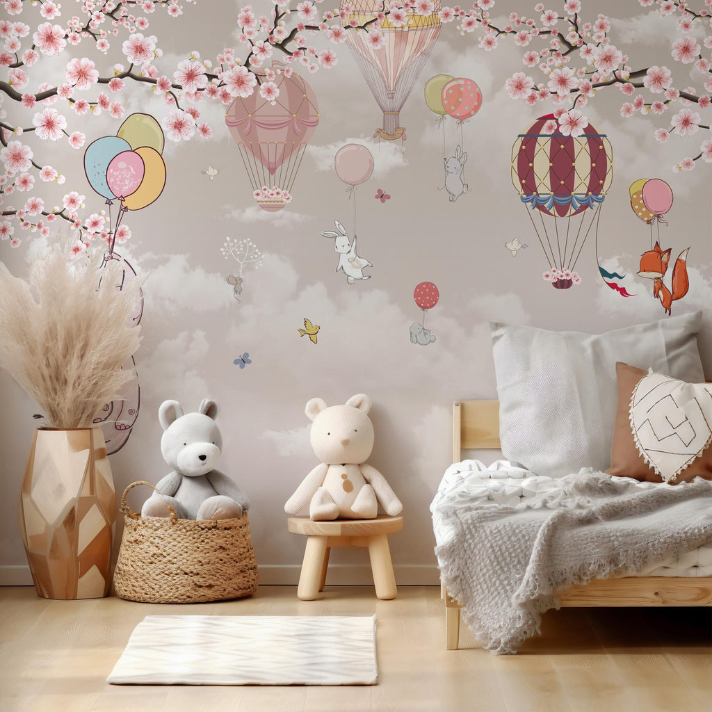 Cherry Blossom Nursery Wallpaper: Hot Air Balloon Animal Wall Mural - View 3
