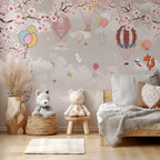 Cherry Blossom Nursery Wallpaper: Hot Air Balloon Animal Wall Mural - View 3