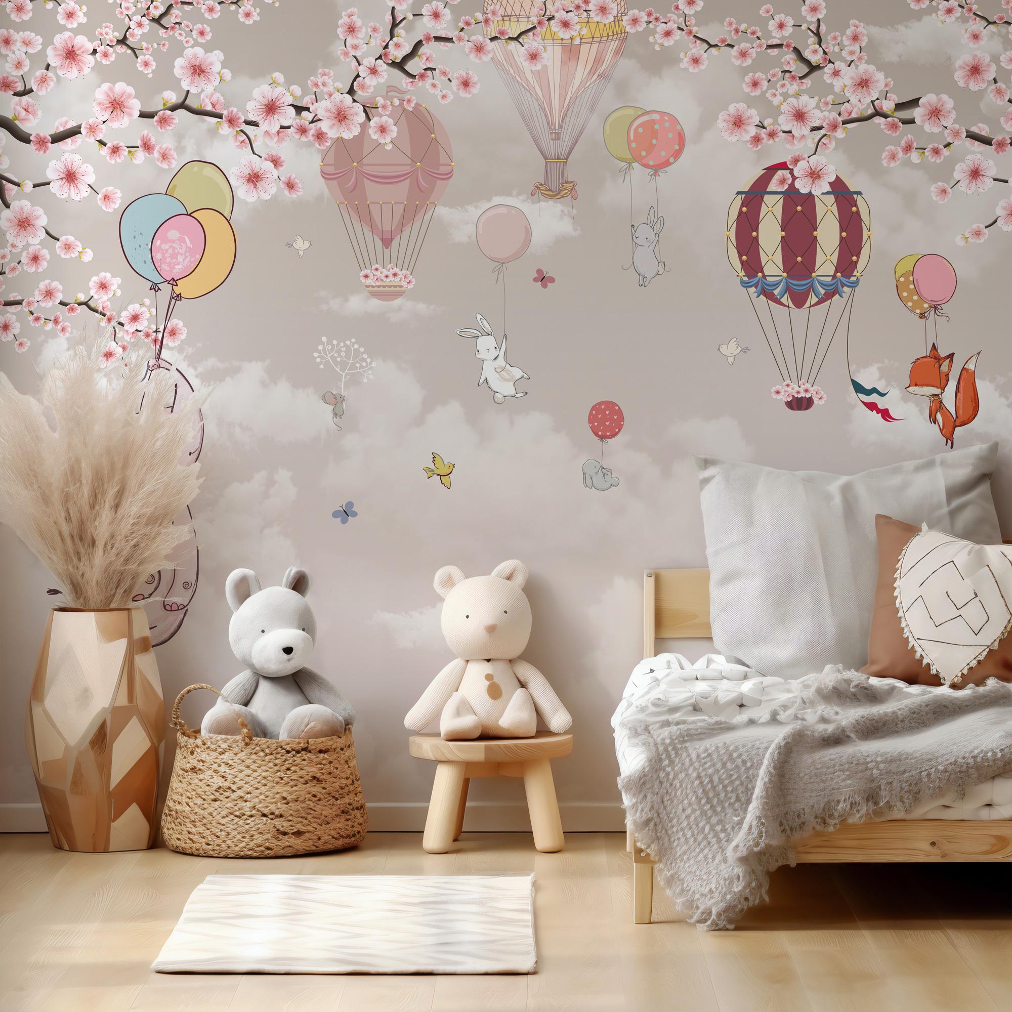 Cherry Blossom Nursery Wallpaper: Hot Air Balloon Animal Wall Mural - View 3