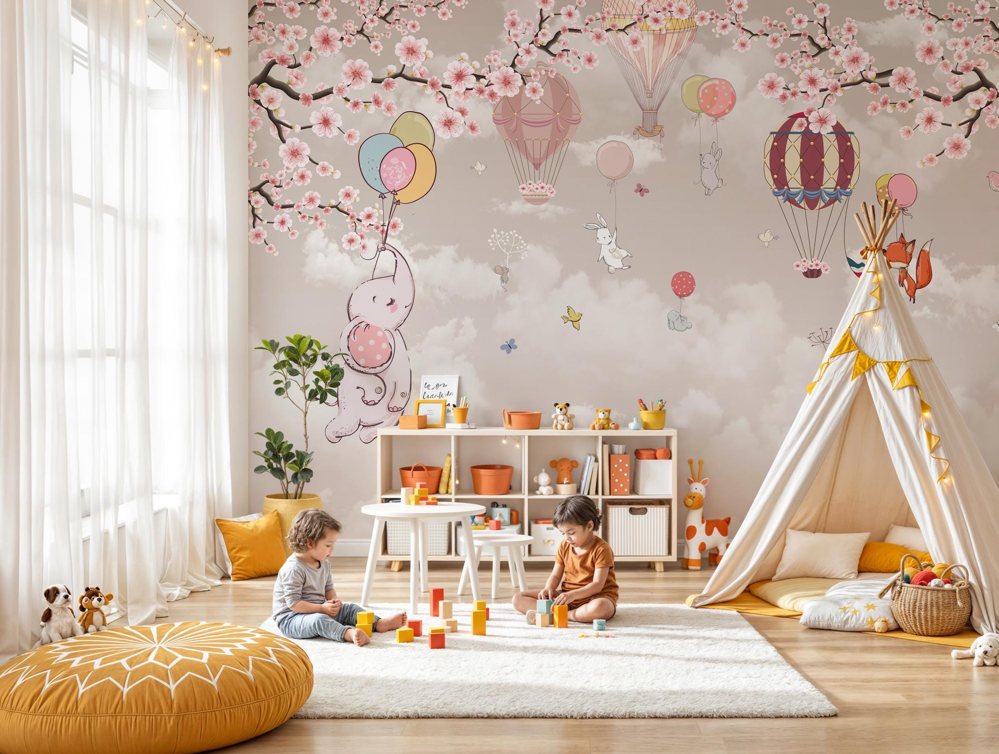 Cherry Blossom Nursery Wallpaper: Hot Air Balloon Animal Wall Mural - View 5