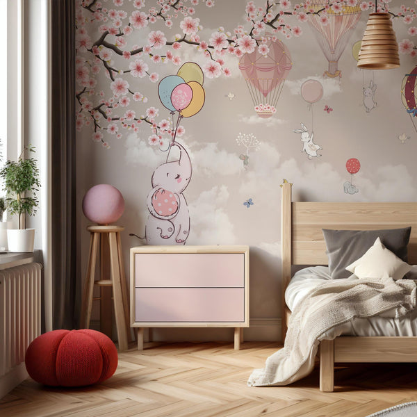 Cherry Blossom Nursery Wallpaper: Hot Air Balloon Animal Wall Mural