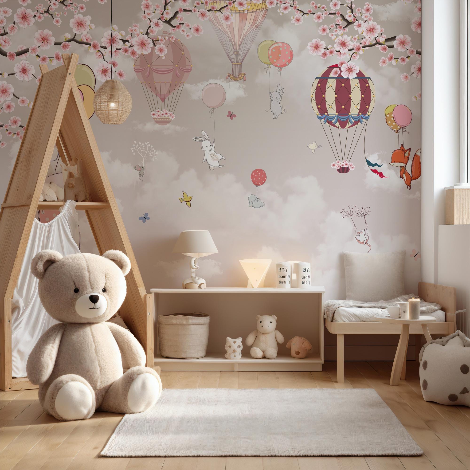 Cherry Blossom Nursery Wallpaper: Hot Air Balloon Animal Wall Mural - View 2