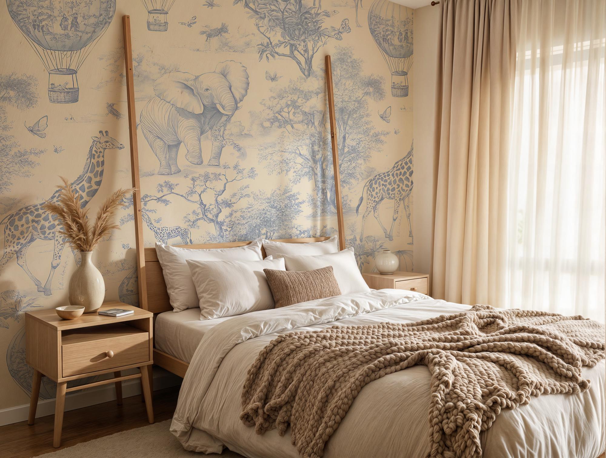 Blue Safari Toile Wallpaper: Kids Room Animal Wall Mural - View 4