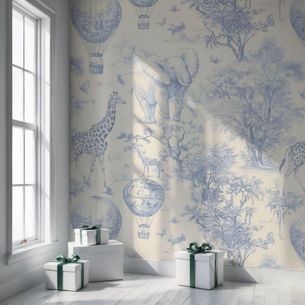 Blue Safari Toile Wallpaper: Kids Room Animal Wall Mural - View 2