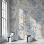 Blue Safari Toile Wallpaper: Kids Room Animal Wall Mural - View 2