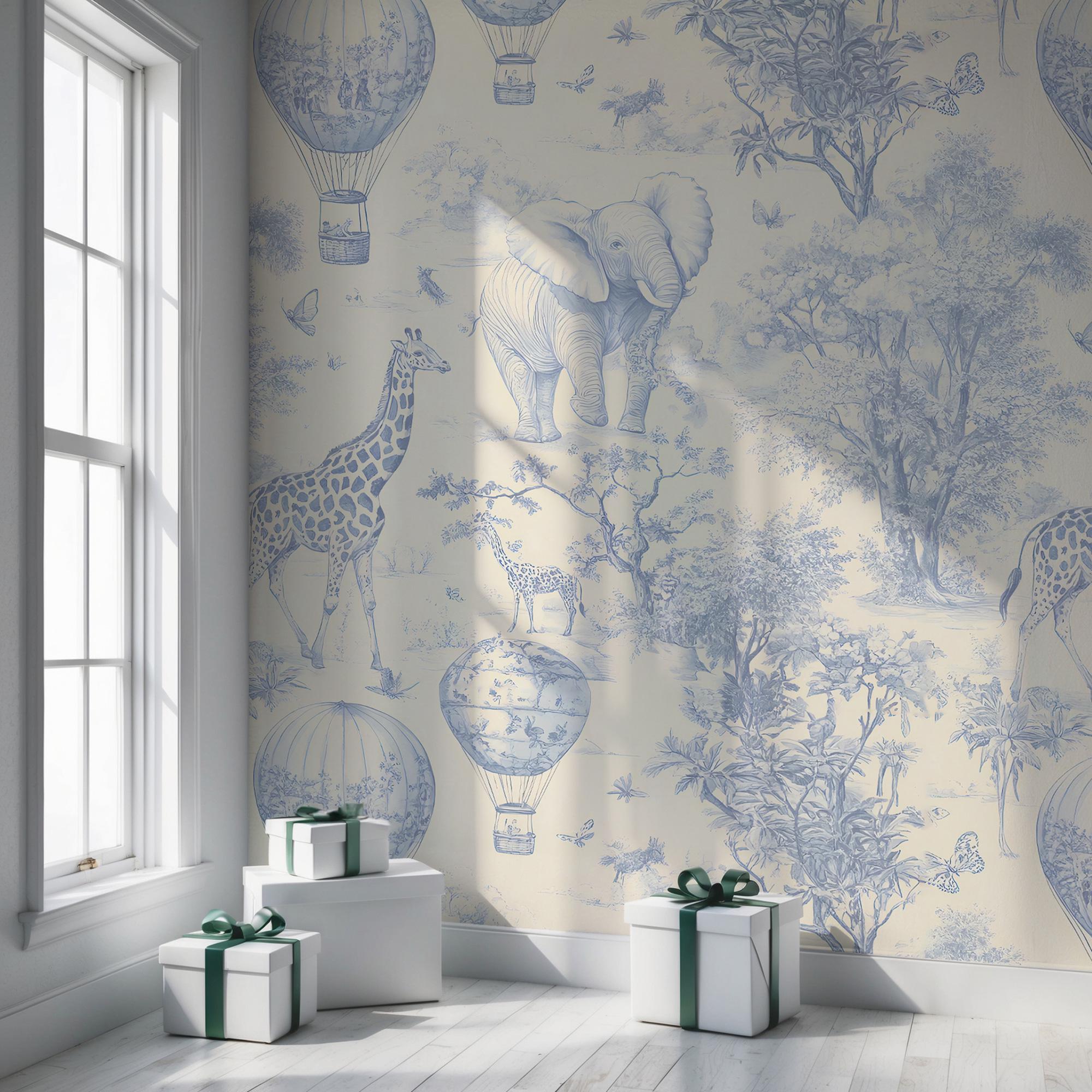 Blue Safari Toile Wallpaper: Kids Room Animal Wall Mural - View 2