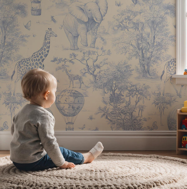 Blue Safari Toile Wallpaper: Kids Room Animal Wall Mural