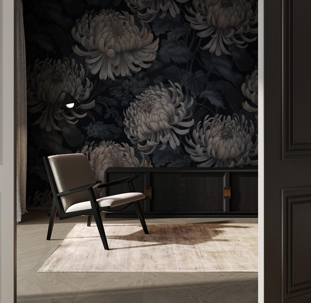 Dark Floral Wallpaper: Botanical Peel & Stick Wall Mural - View 3