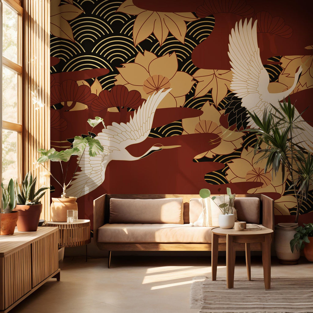 Japanese Crane Peel and Stick Wallpaper - Asian Floral Wall Mural - Red Gold Removable Wallpaper