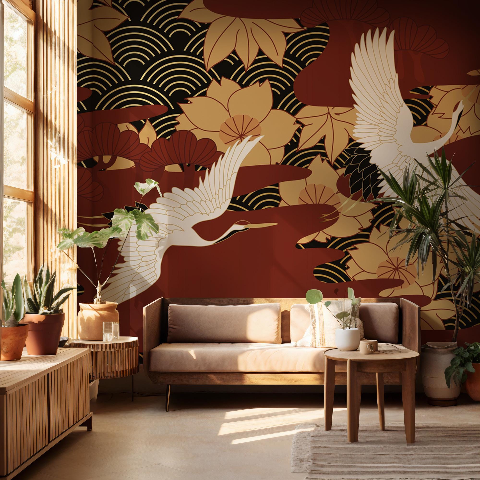 Japanese Crane Peel and Stick Wallpaper - Asian Floral Wall Mural - Red Gold Removable Wallpaper