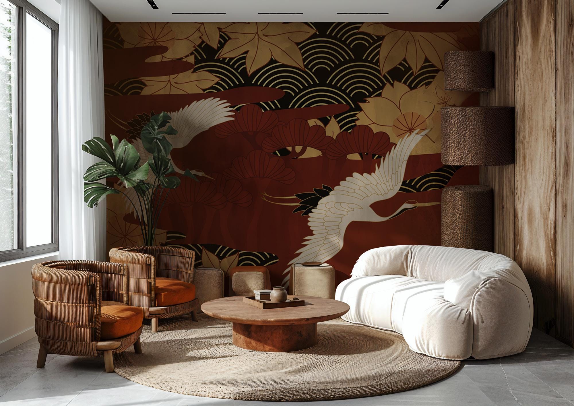 Japanese Crane Peel and Stick Wallpaper - Asian Floral Wall Mural - Red Gold Removable Wallpaper - View 5