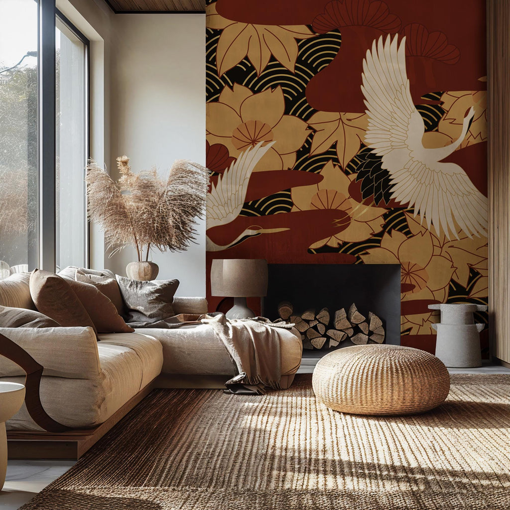 Japanese Crane Peel and Stick Wallpaper - Asian Floral Wall Mural - Red Gold Removable Wallpaper - View 2