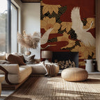 Japanese Crane Peel and Stick Wallpaper - Asian Floral Wall Mural - Red Gold Removable Wallpaper - View 2
