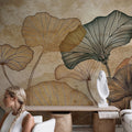 Ginkgo Leaf Wallpaper: Beige Japanese Wall Mural, Peel and Stick