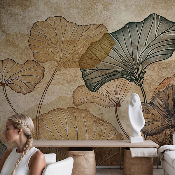Ginkgo Leaf Wallpaper: Beige Japanese Wall Mural, Peel and Stick