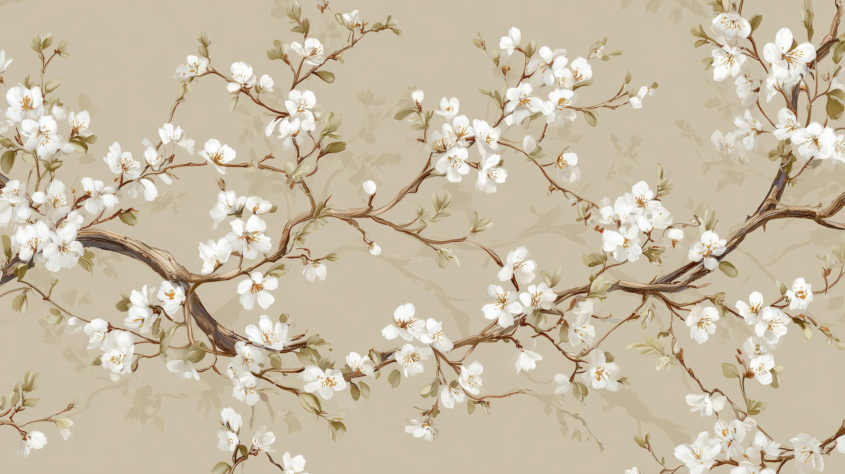 Cherry Blossom Wall Mural: Beige Chinoiserie Peel and Stick Wallpaper - View 6