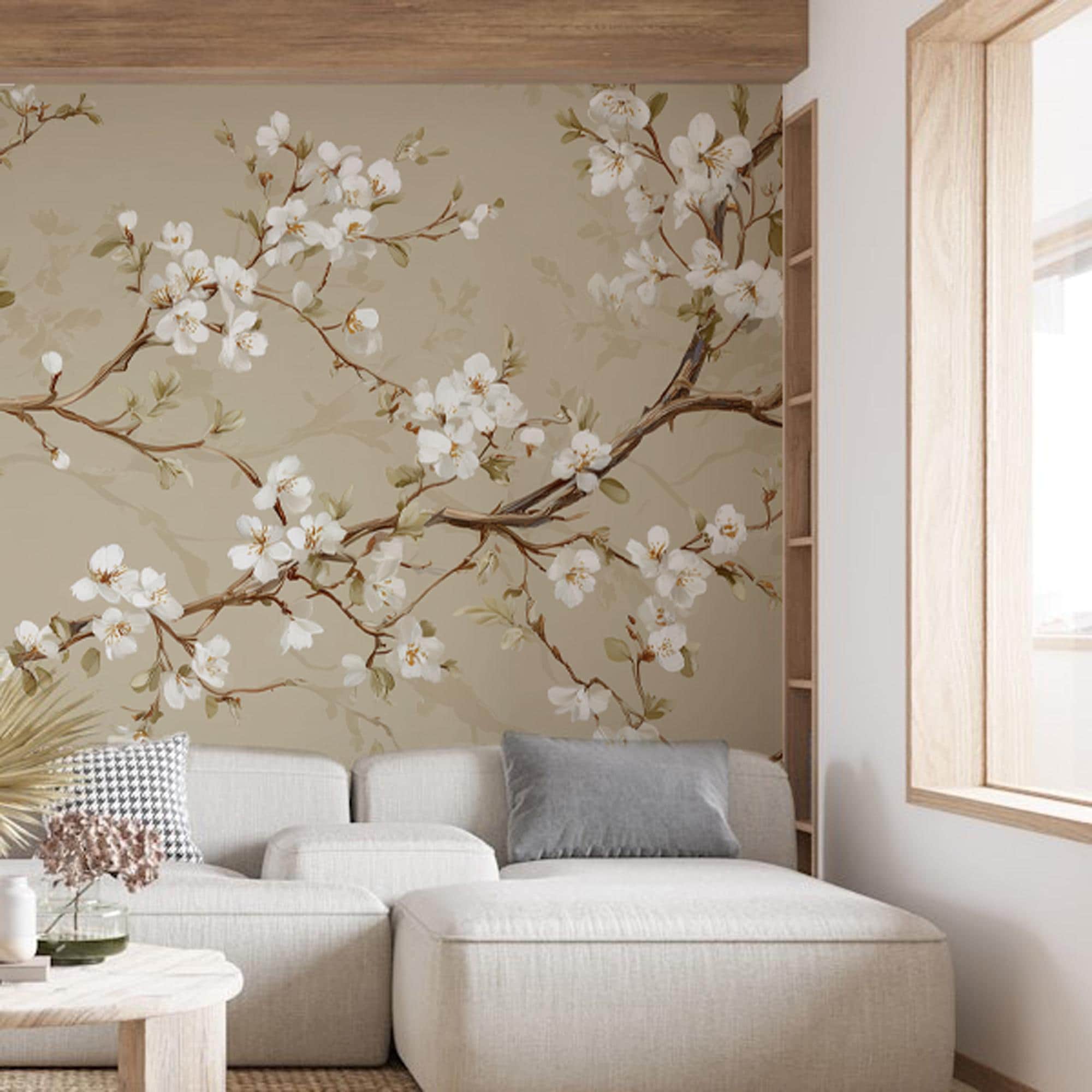 Cherry Blossom Wall Mural: Beige Chinoiserie Peel and Stick Wallpaper