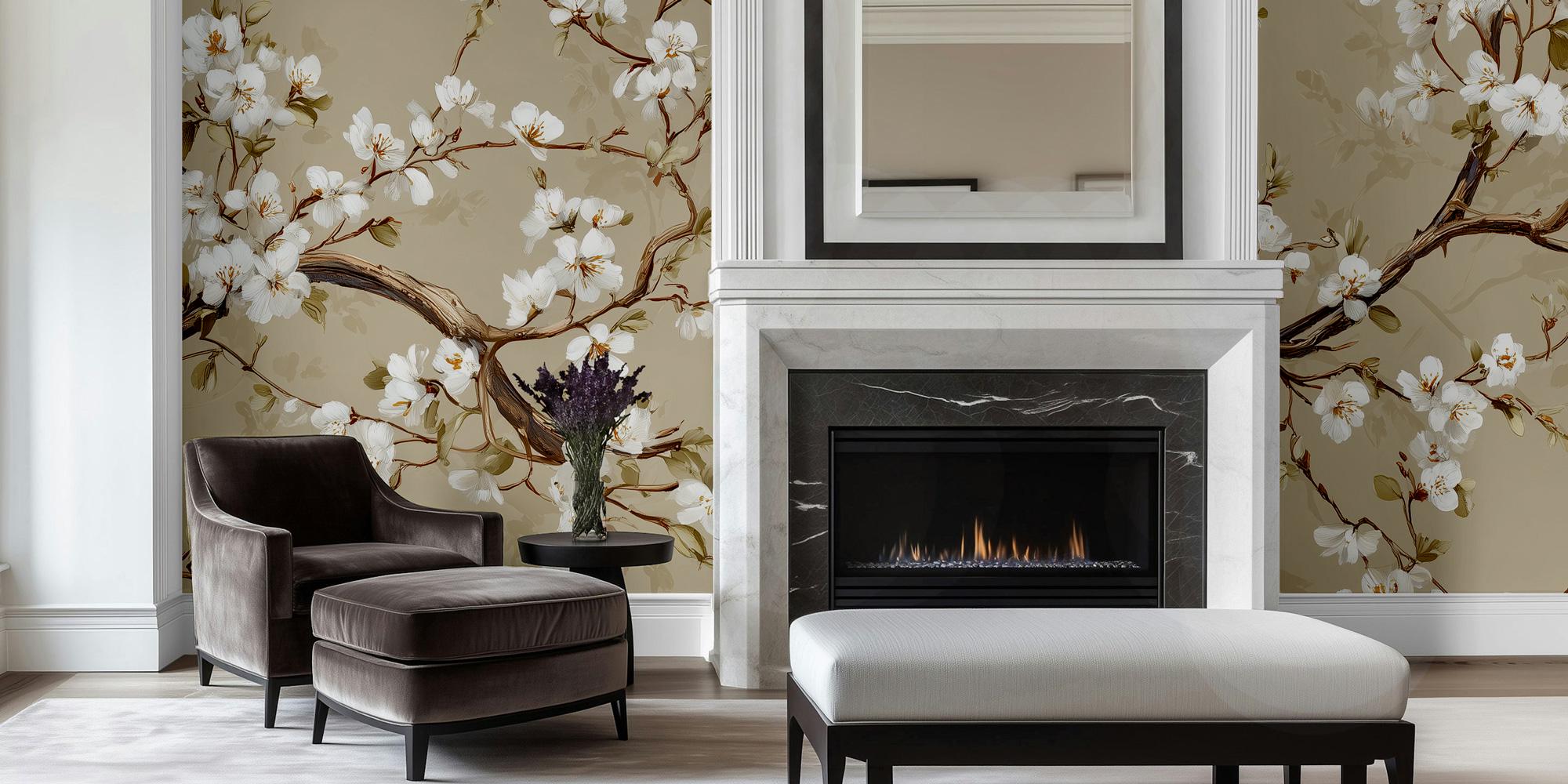 Cherry Blossom Wall Mural: Beige Chinoiserie Peel and Stick Wallpaper - View 5