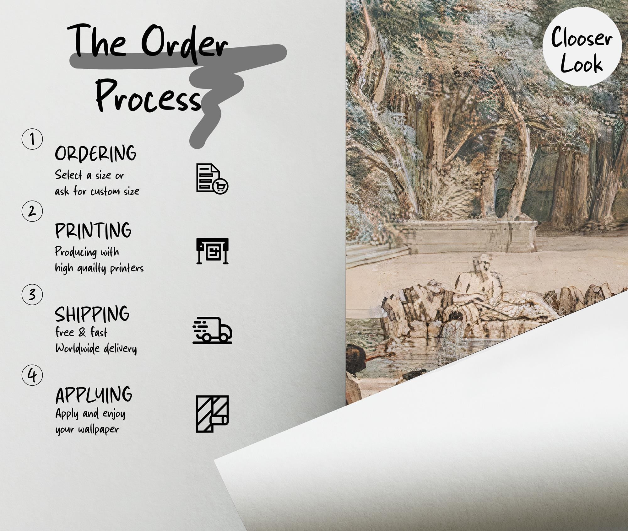 Vintage European Landscape Wallpaper Mural: Classical Garden Scene, Peel and Stick - View 5
