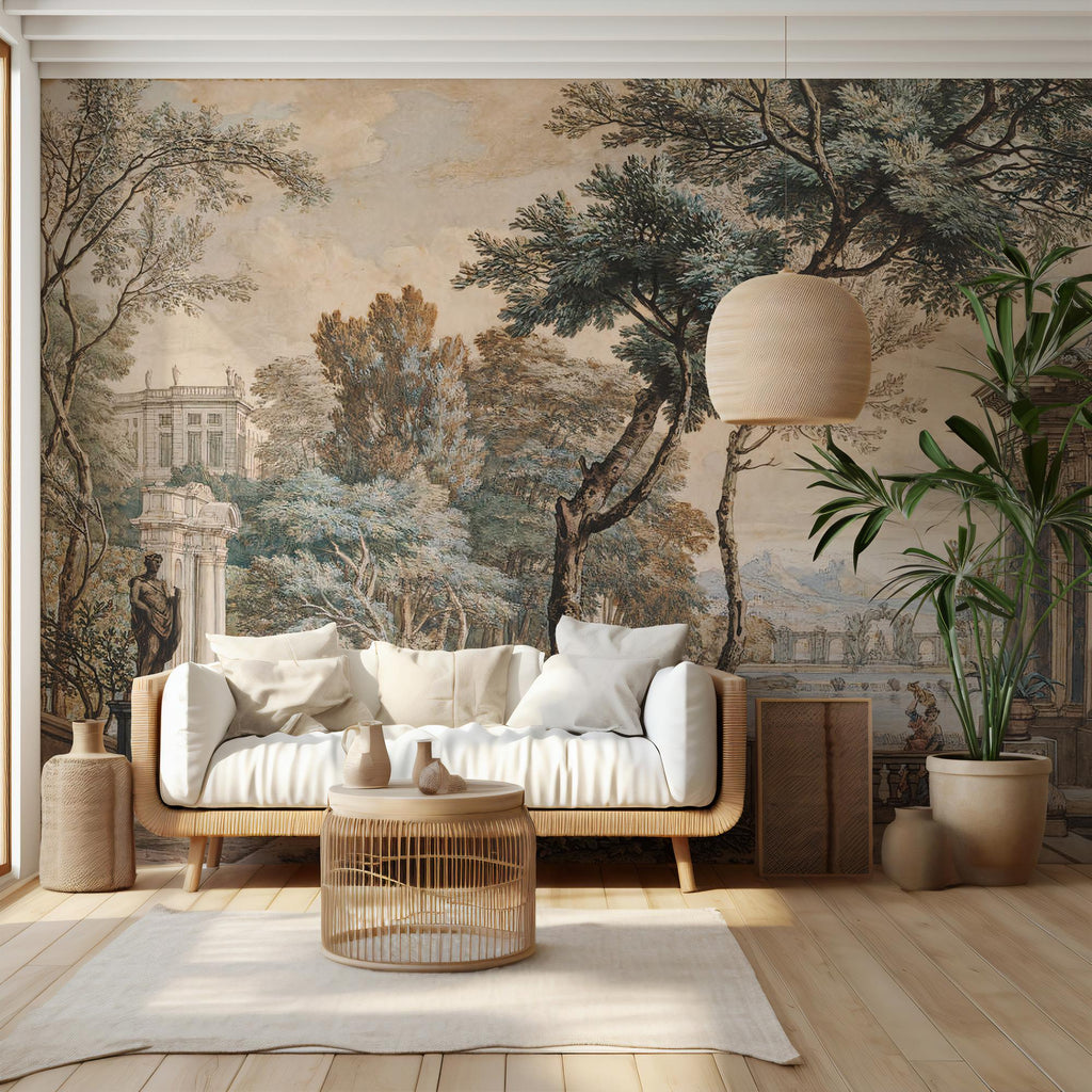 Vintage European Landscape Wallpaper Mural: Classical Garden Scene, Peel and Stick - View 2