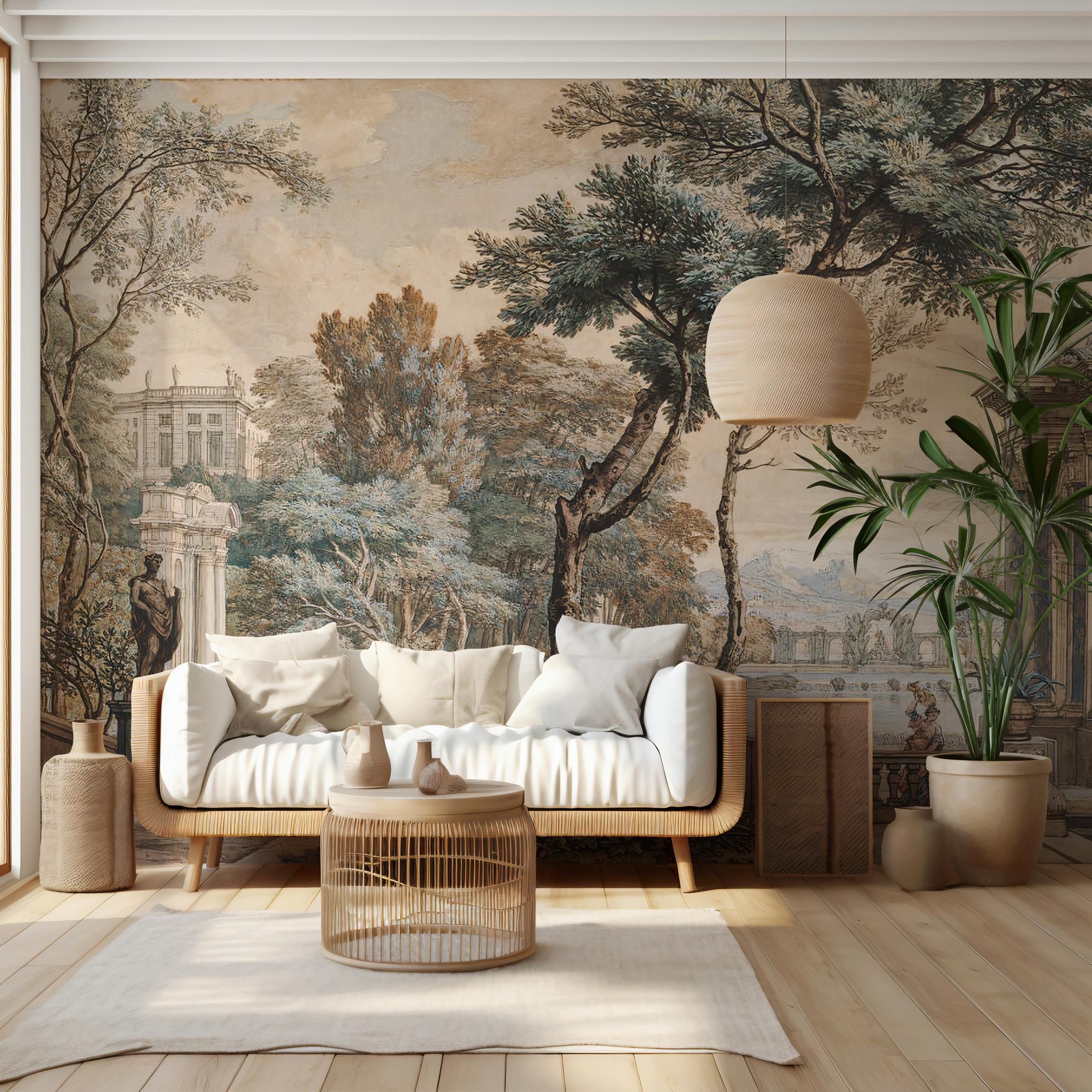 Vintage European Landscape Wallpaper Mural: Classical Garden Scene, Peel and Stick - View 2