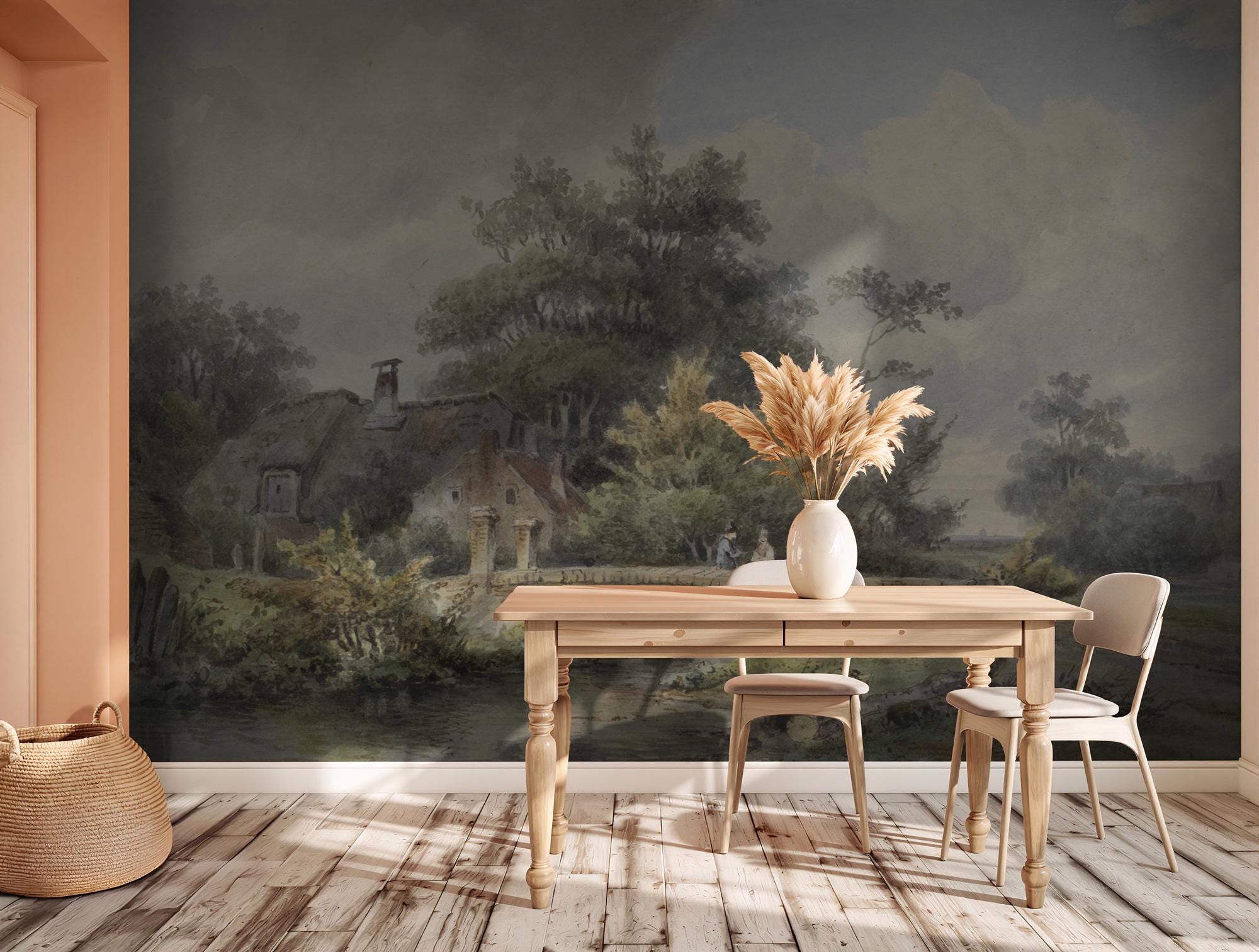 Vintage Countryside Scene Wallpaper Mural: Pastoral Landscape Peel & Stick - View 5