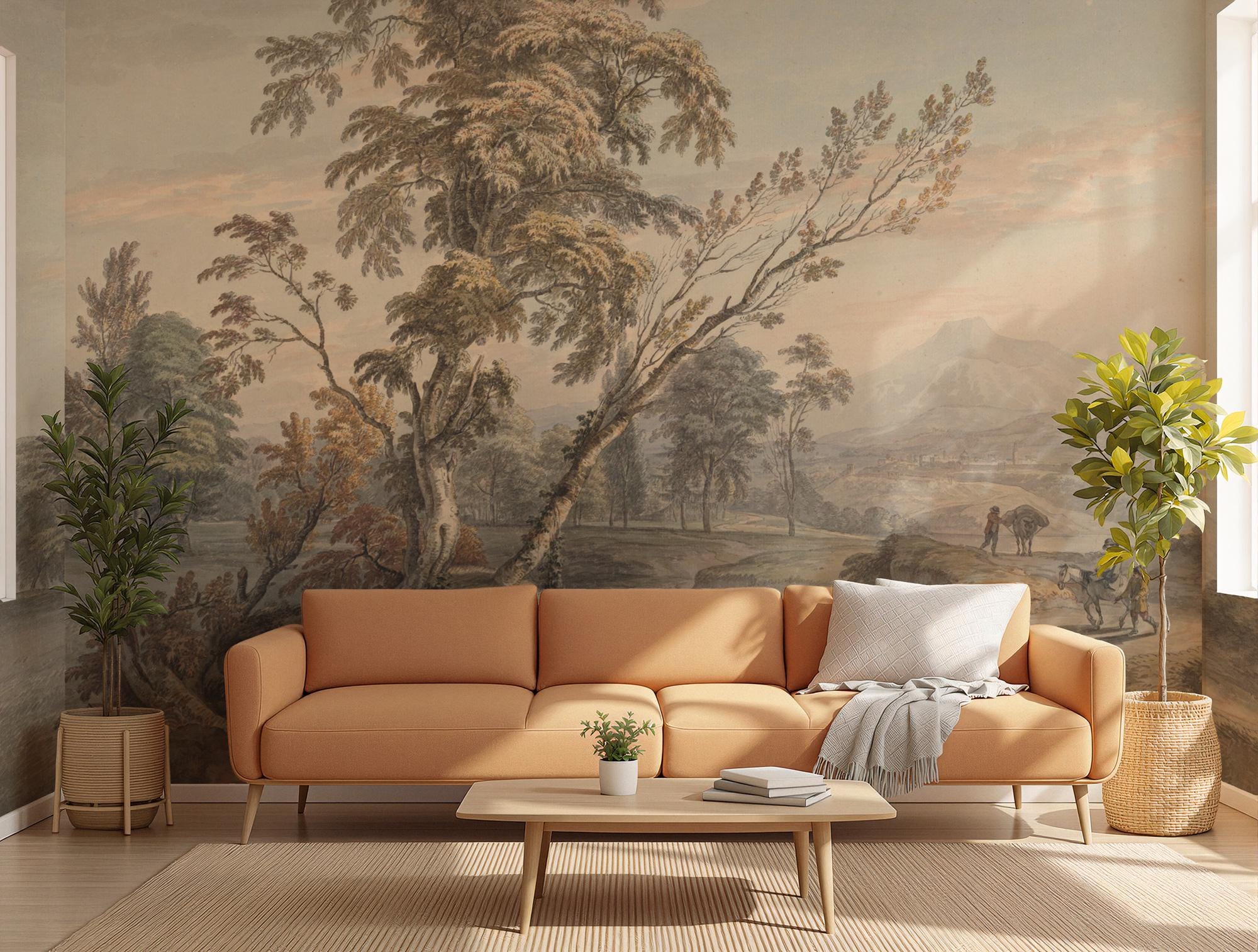 Pastoral Landscape Peel & Stick Wall Mural: Vintage Countryside Scene