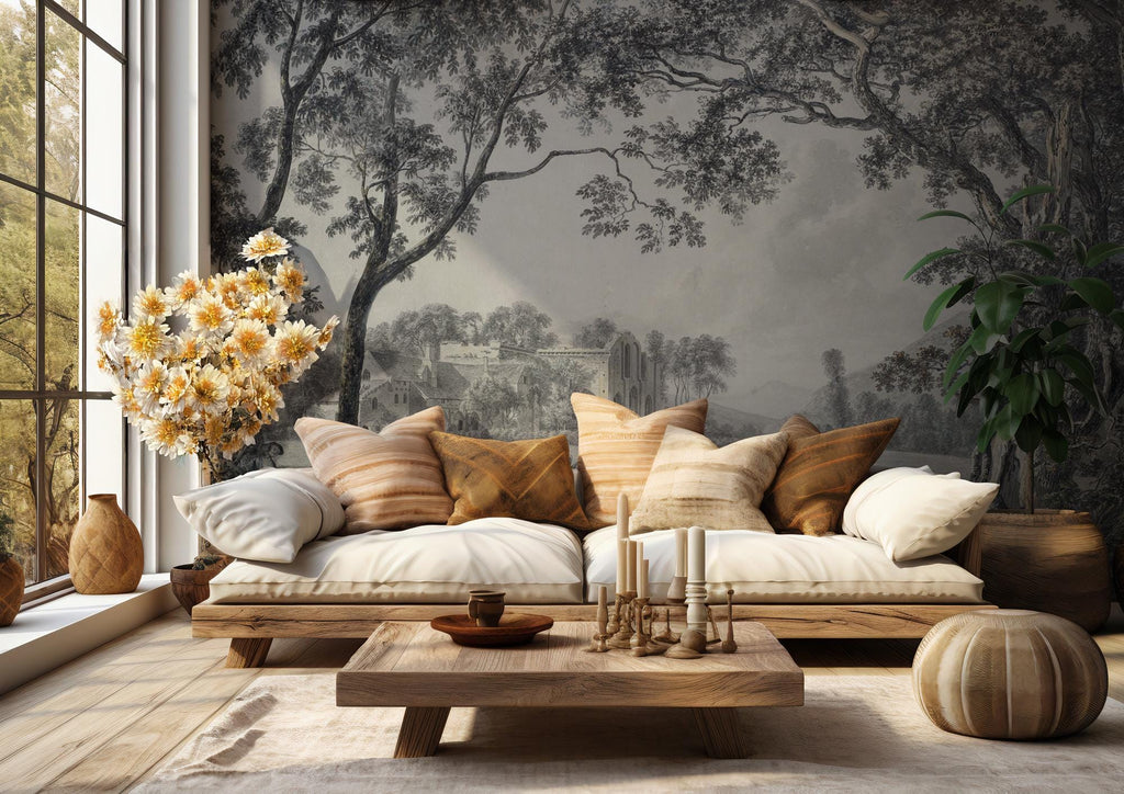 Vintage Grisaille Landscape Wallpaper Mural: Soft Grey Classical Scene, Custom Size