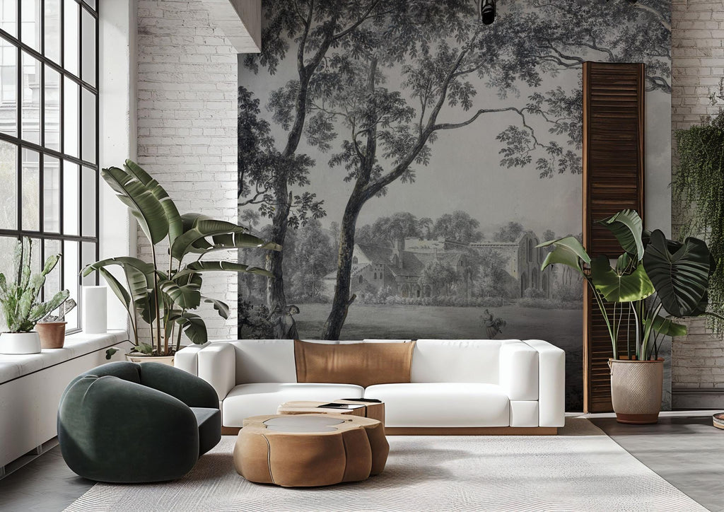 Vintage Grisaille Landscape Wallpaper Mural: Soft Grey Classical Scene, Custom Size - View 4