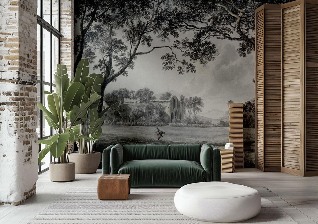 Vintage Grisaille Landscape Wallpaper Mural: Soft Grey Classical Scene, Custom Size - View 5