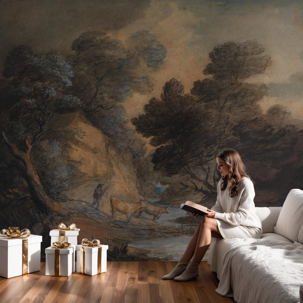 Dark Gothic Landscape Wallpaper Mural: Moody Vintage Wall Art, Peel and Stick - View 2