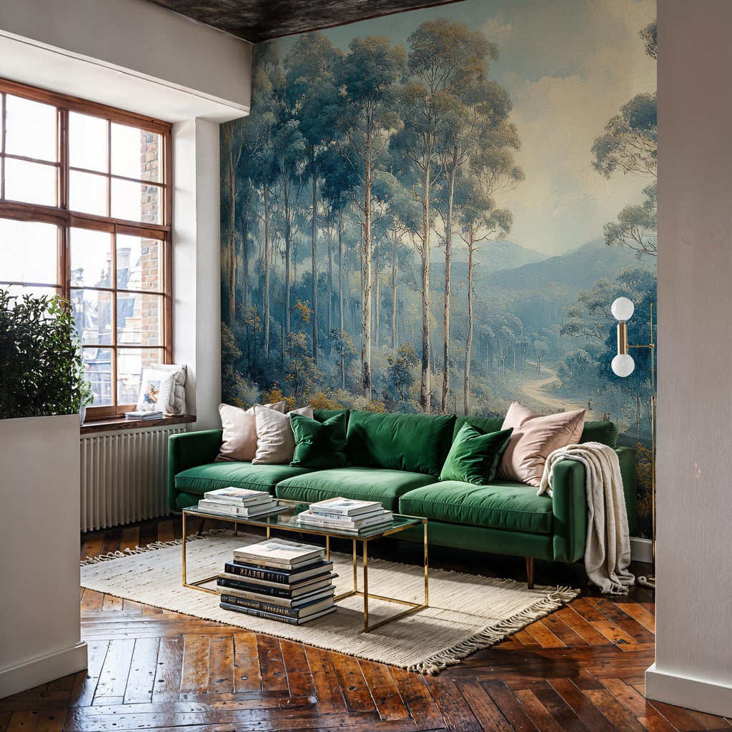 Forest Wall Mural: Misty Woodland Landscape, Peel and Stick Wallpaper - View 2