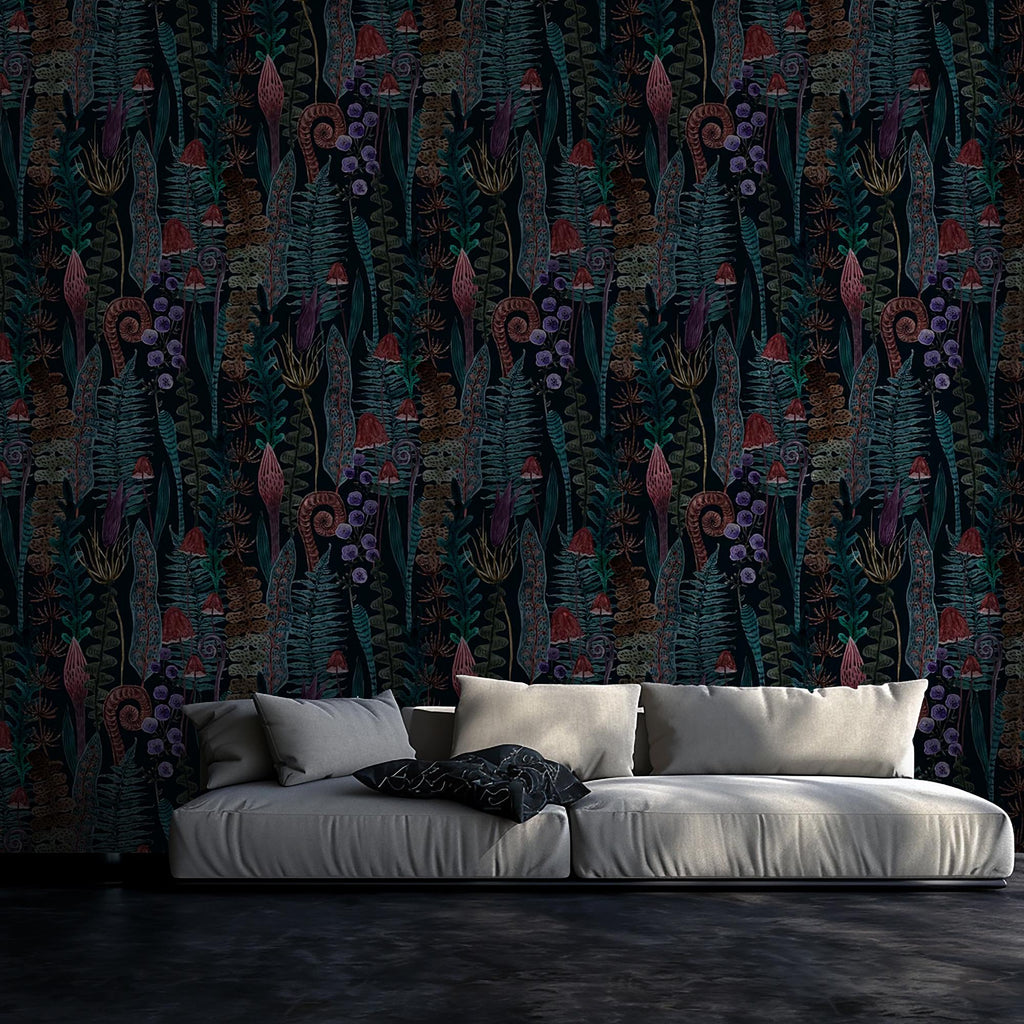Mushroom Fern Wallpaper Mural: Dark Botanical Peel and Stick Wallpaper - View 3