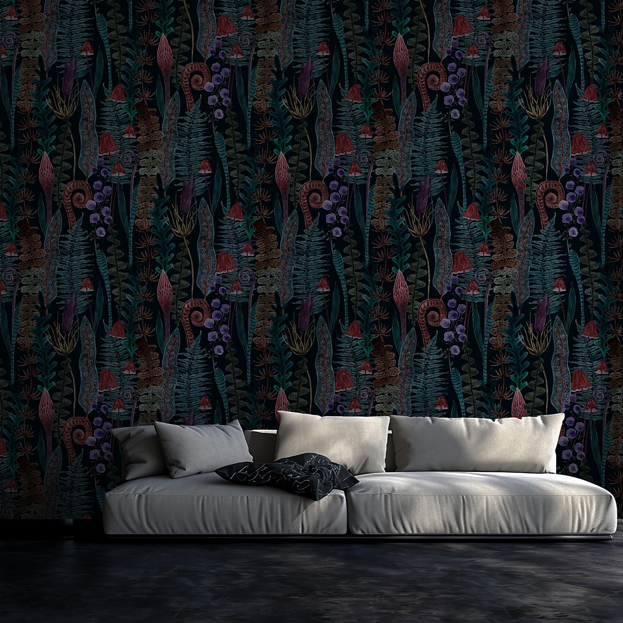 Mushroom Fern Wallpaper Mural: Dark Botanical Peel and Stick Wallpaper - View 3