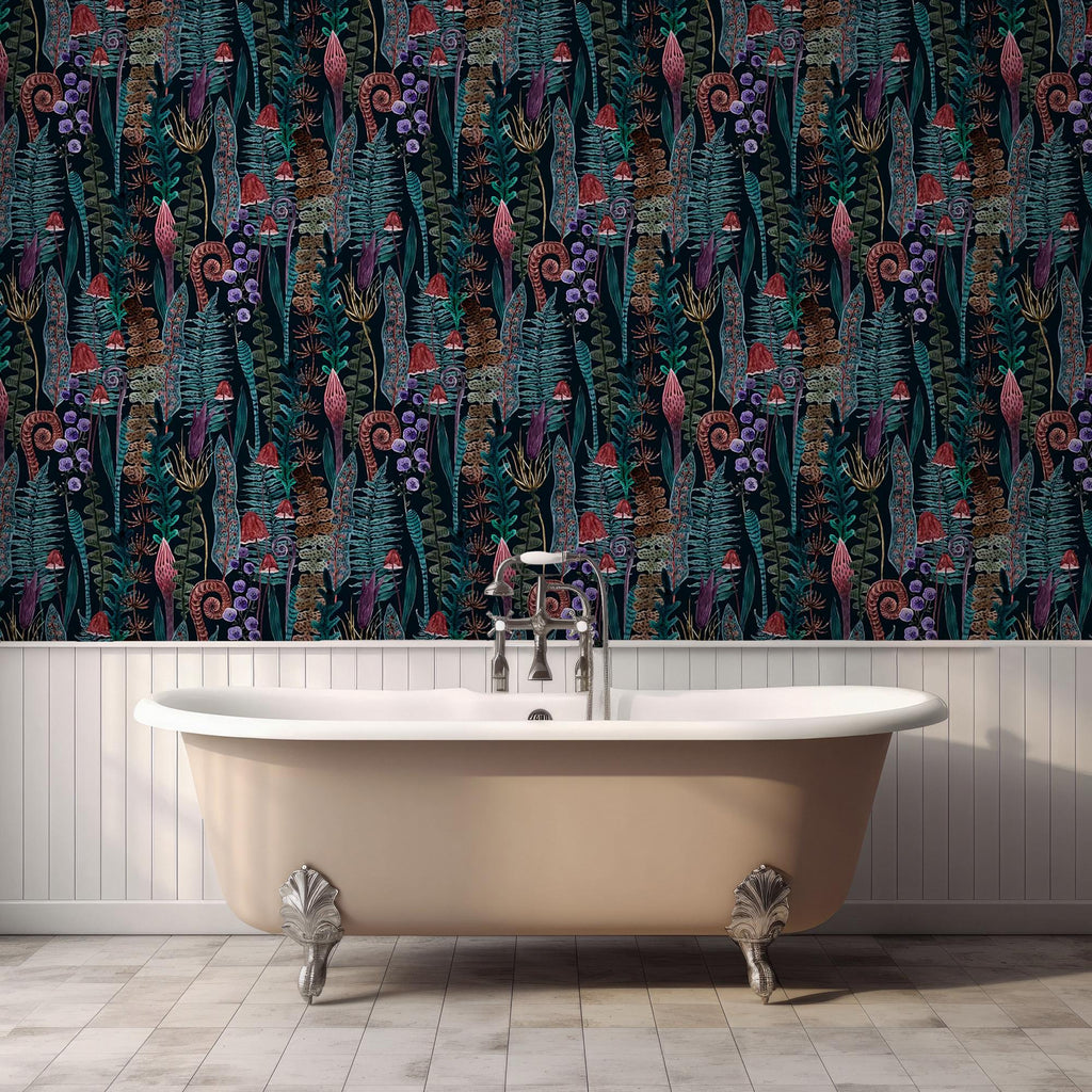 Mushroom Fern Wallpaper Mural: Dark Botanical Peel and Stick Wallpaper - View 5