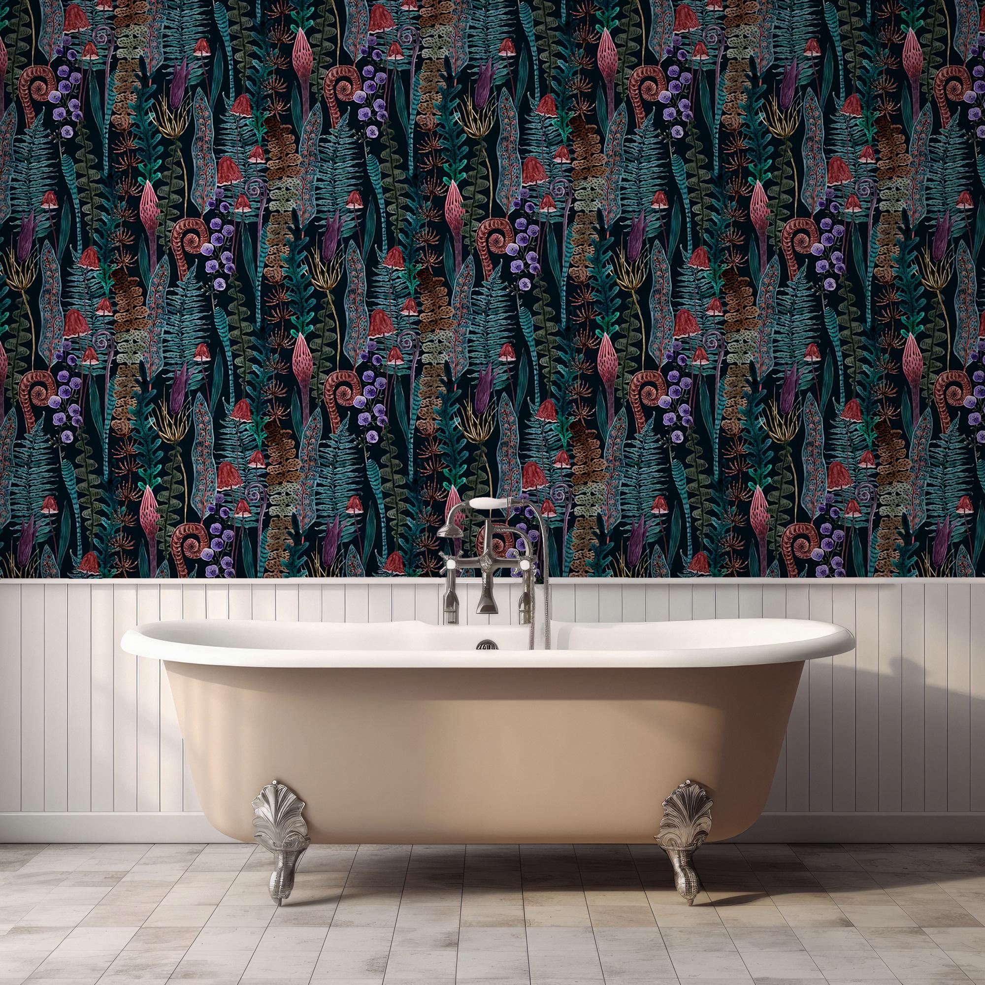 Mushroom Fern Wallpaper Mural: Dark Botanical Peel and Stick Wallpaper - View 5
