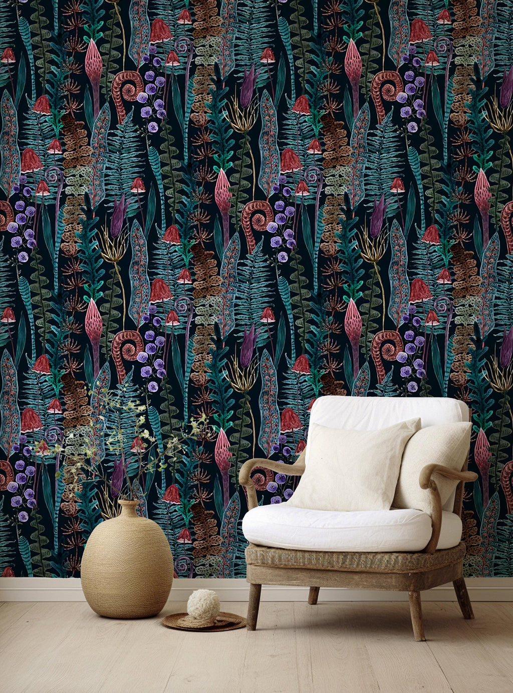 Mushroom Fern Wallpaper Mural: Dark Botanical Peel and Stick Wallpaper - View 4