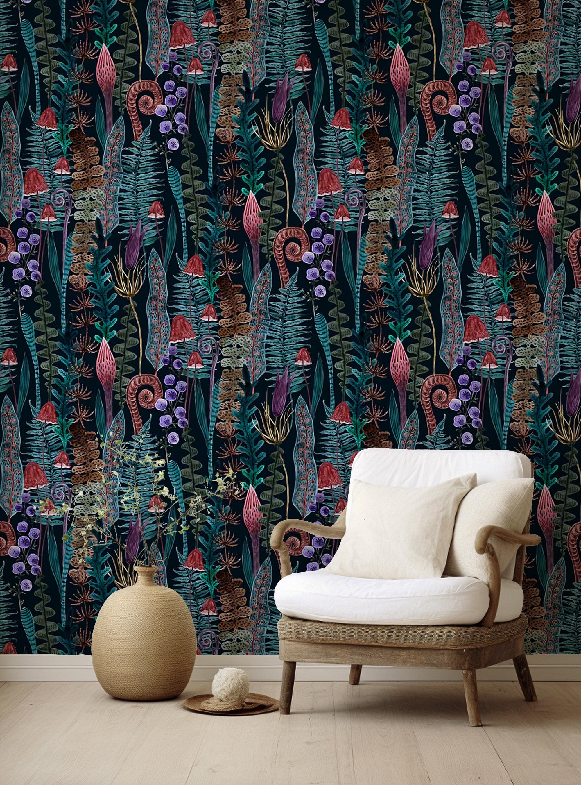 Mushroom Fern Wallpaper Mural: Dark Botanical Peel and Stick Wallpaper - View 4