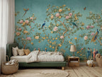Chinoiserie Peacock Mural: Turquoise Floral Peel and Stick Wallpaper