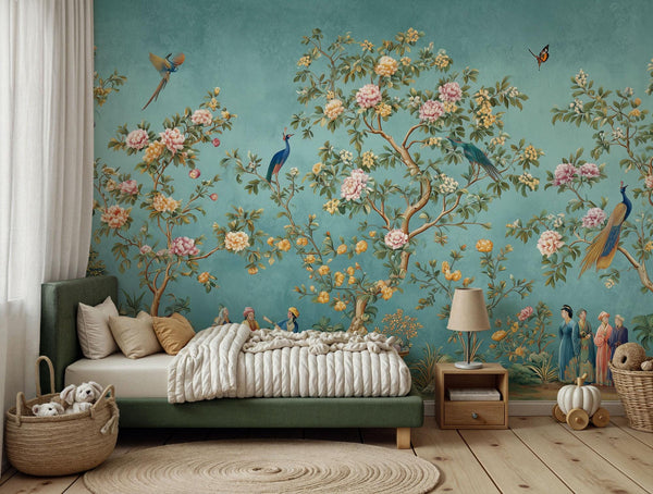 Chinoiserie Peacock Mural: Turquoise Floral Peel and Stick Wallpaper