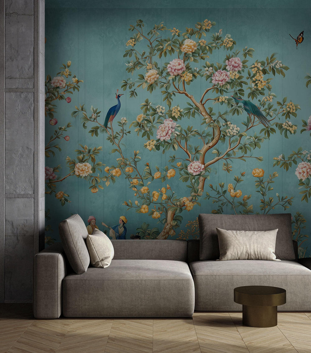 Chinoiserie Peacock Mural: Turquoise Floral Peel and Stick Wallpaper - View 5