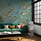 Chinoiserie Peacock Mural: Turquoise Floral Peel and Stick Wallpaper - View 3