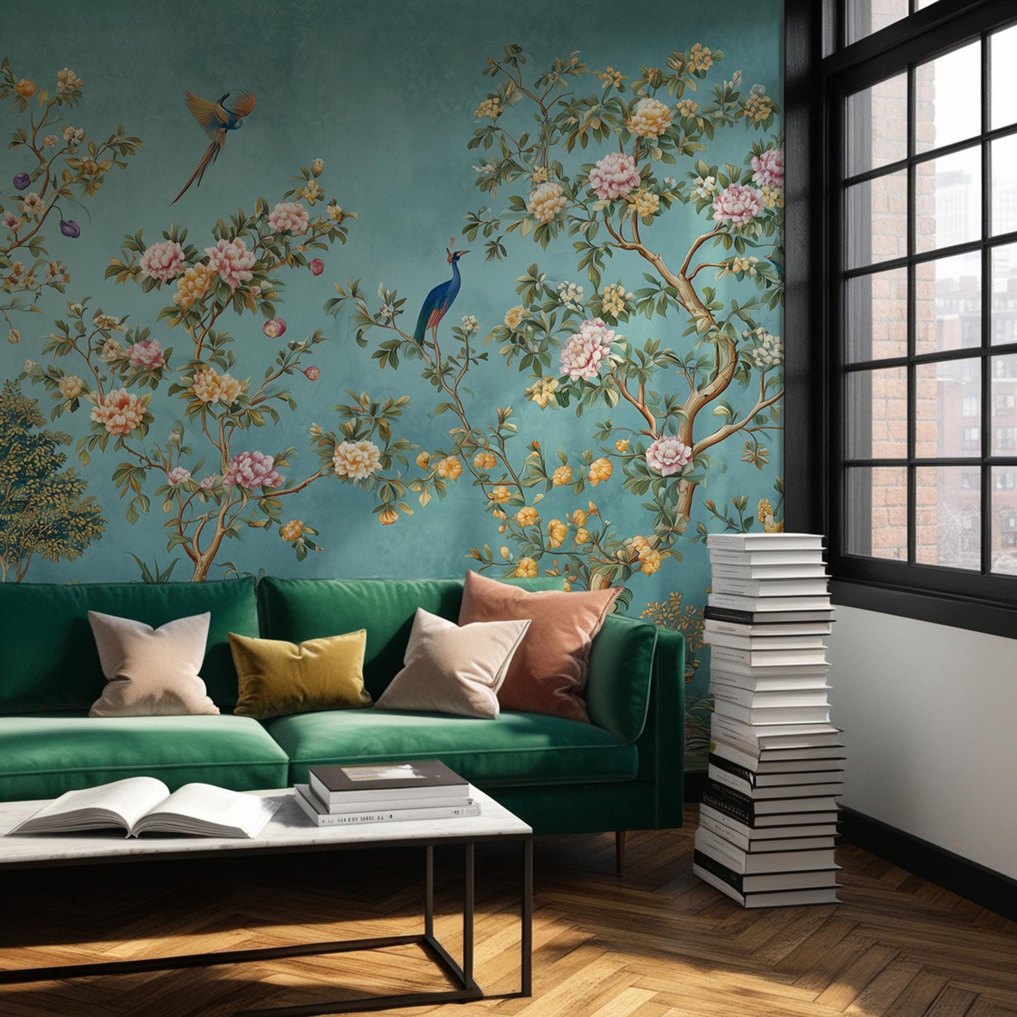 Chinoiserie Peacock Mural: Turquoise Floral Peel and Stick Wallpaper - View 3