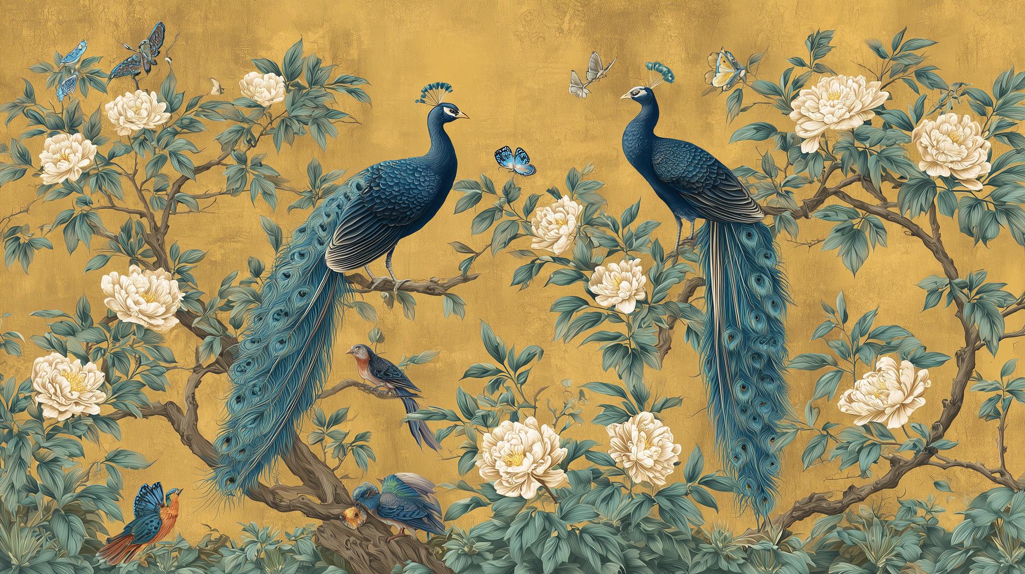 Chinoiserie Peacock Wallpaper: Golden Botanical Mural, Elegant Asian Decor - View 5